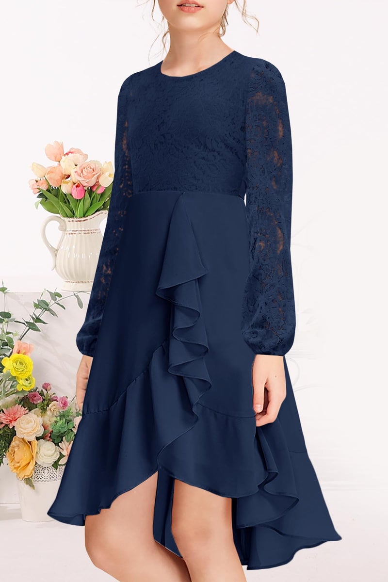 MITILLY Girls Elegant Semi Formal Dress Long Sleeve Cotillion Wedding Guest School Dance Prom Cocktail Dressy Dresses 12 Years Navy Blue - Image 3