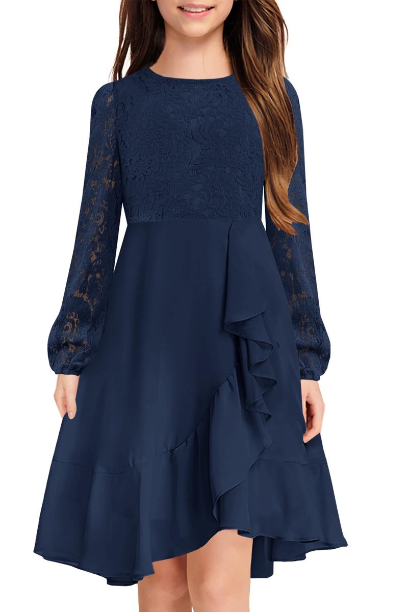 MITILLY Girls Elegant Semi Formal Dress Long Sleeve Cotillion Wedding Guest School Dance Prom Cocktail Dressy Dresses 12 Years Navy Blue - Image 1