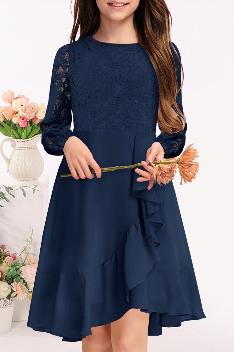 MITILLY Girls Elegant Semi Formal Dress Long Sleeve Cotillion Wedding Guest School Dance Prom Cocktail Dressy Dresses 12 Years Navy Blue - Image 2
