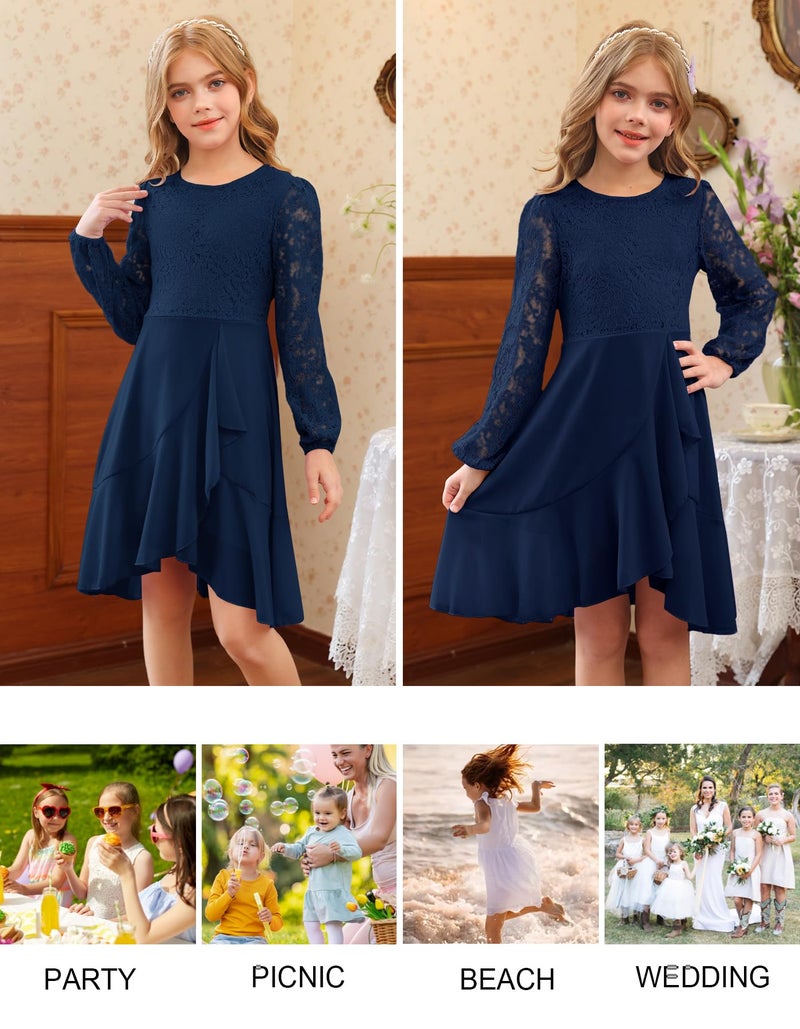 MITILLY Girls Elegant Semi Formal Dress Long Sleeve Cotillion Wedding Guest School Dance Prom Cocktail Dressy Dresses 12 Years Navy Blue - Image 5