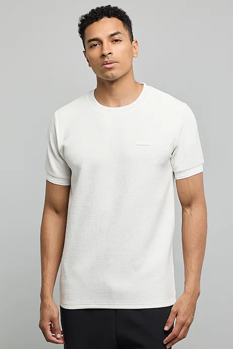 أر أند بي Textured T-Shirt with Crew Neck and Short Sleeves