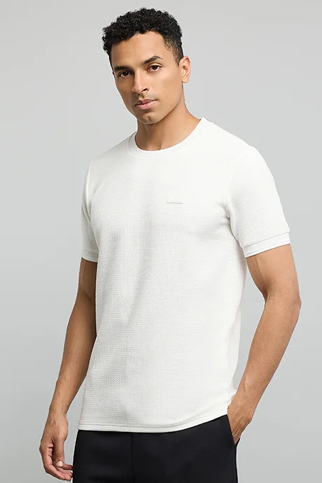 أر أند بي Textured T-Shirt with Crew Neck and Short Sleeves