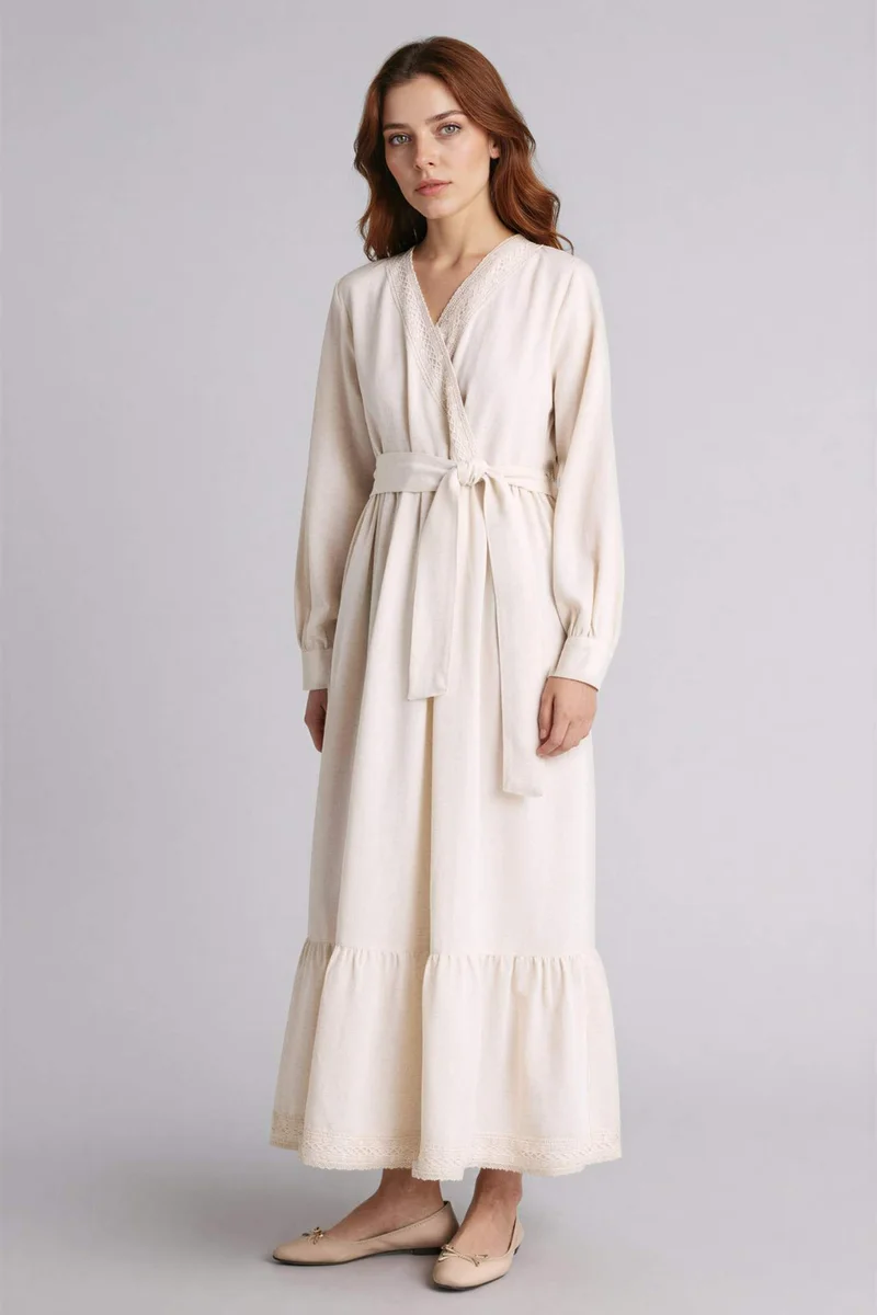 ديفاكتو V-Neck Linen Blended Balloon Sleeves Dress