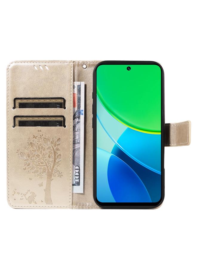 erorex Case For vivo Y19 4G Global Tree & Cat Embossed Pattern Flip Leather Phone Case - Image 4