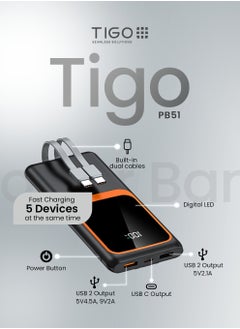 T I G O Super Fast Charging 10000mAh Power Bank With Built in Cables, USB C Battery Pack 4 Outputs 4 Inputs with LED Type C Display, 22.5W and PD 20W Fast Charging Portable Charger Compatible with Smartphones and more  - Image 2