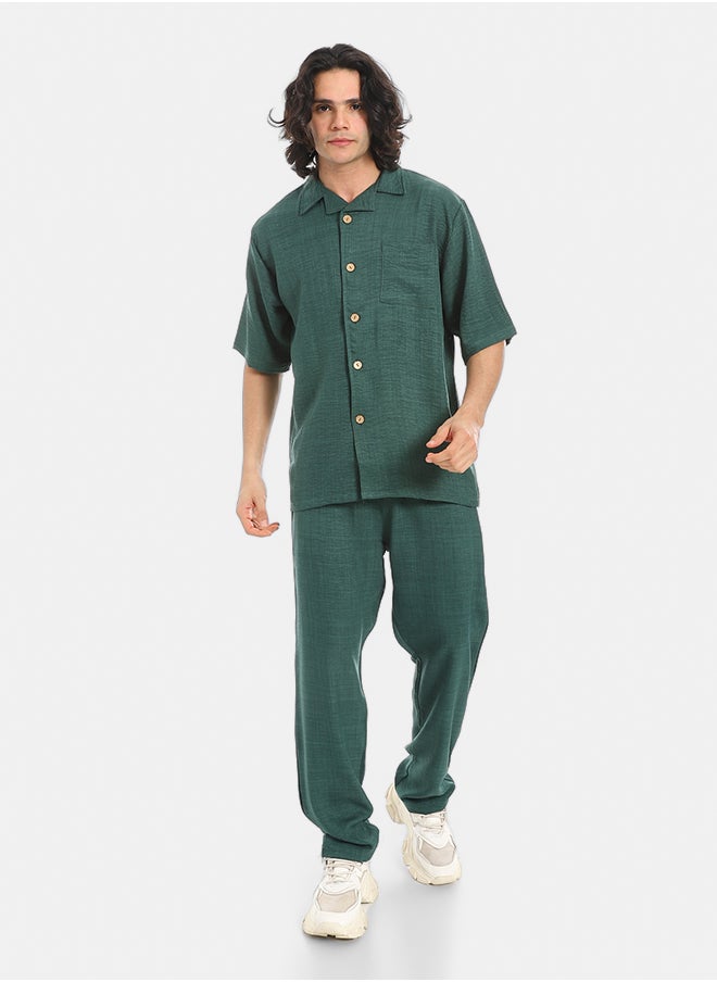 Red Circle Linen Turn Down Collar Shirt and Pants Set  - Image 1