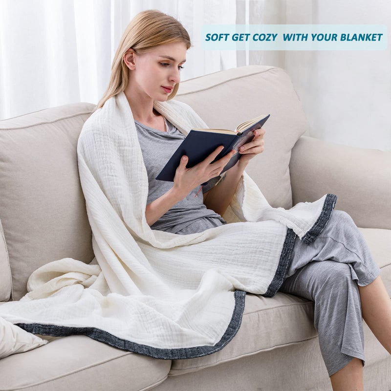 SE SOFTEXLY Muslin Cotton Blanket 100% Cotton Throw Blankets for Couch Bed 4-Layer Gauze Breathable Blanket for All Season Soft and Lightweight Muslin Blankets Queen Size(80""x90""  Cream White) - Image 5