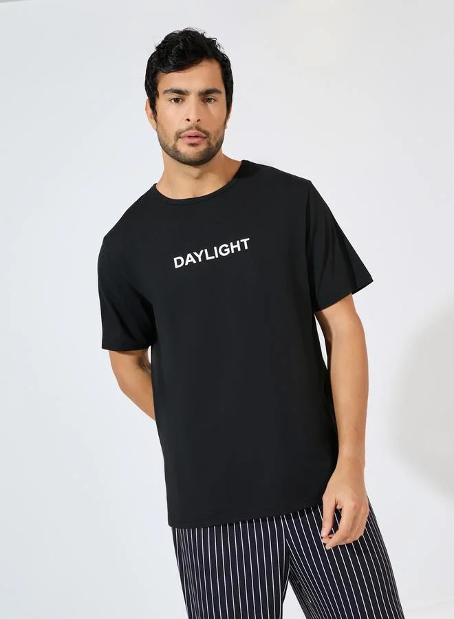 Styli Slogan Print T-Shirt & Striped Pyjama Set