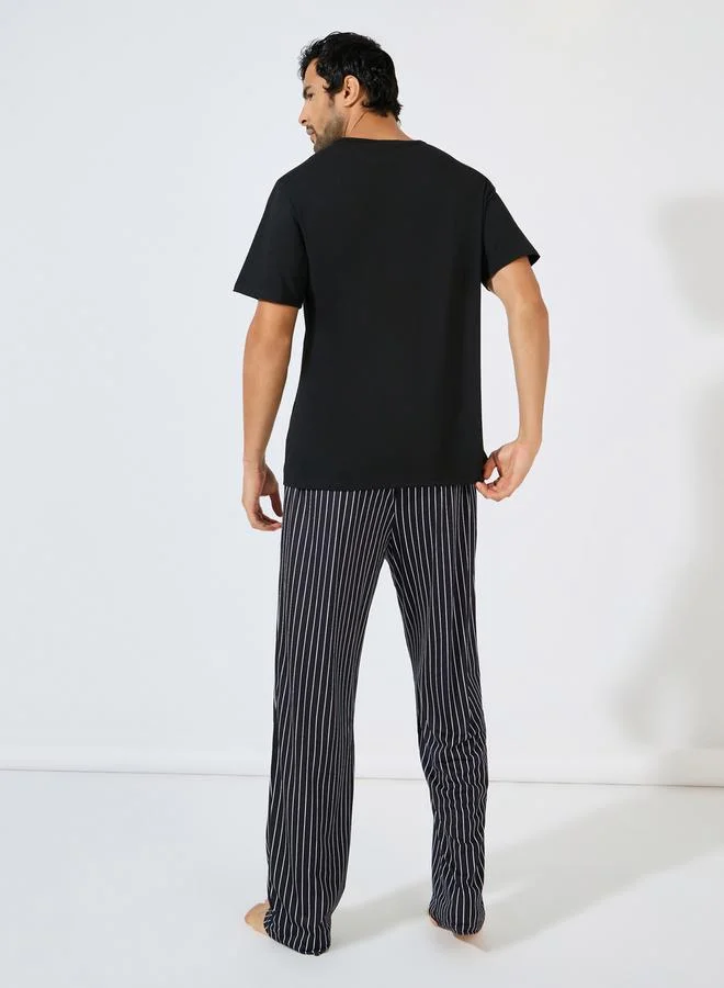 Styli Slogan Print T-Shirt & Striped Pyjama Set