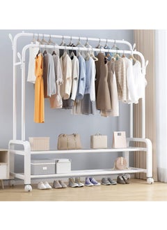 LIVVY Heavy Duty Garment Rack with Wheels – Double Rail Clothes Organizer Stand with Shelves – رف تخزين الملابس المتحرك القوي – منظم ملابس مع رفوف / كابل تعليق ملابس / طاولة ملابس – Foldable Cloth Rack / Hanging Clothes Rack – Rolling Clothing Rack for Bedroom, Office & Entryway (White)  - Image 1