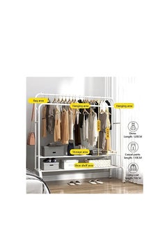 LIVVY Heavy Duty Garment Rack with Wheels – Double Rail Clothes Organizer Stand with Shelves – رف تخزين الملابس المتحرك القوي – منظم ملابس مع رفوف / كابل تعليق ملابس / طاولة ملابس – Foldable Cloth Rack / Hanging Clothes Rack – Rolling Clothing Rack for Bedroom, Office & Entryway (White)  - Image 3