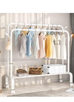 LIVVY Heavy Duty Garment Rack with Wheels – Double Rail Clothes Organizer Stand with Shelves – رف تخزين الملابس المتحرك القوي – منظم ملابس مع رفوف / كابل تعليق ملابس / طاولة ملابس – Foldable Cloth Rack / Hanging Clothes Rack – Rolling Clothing Rack for Bedroom, Office & Entryway (White)  - Image 2