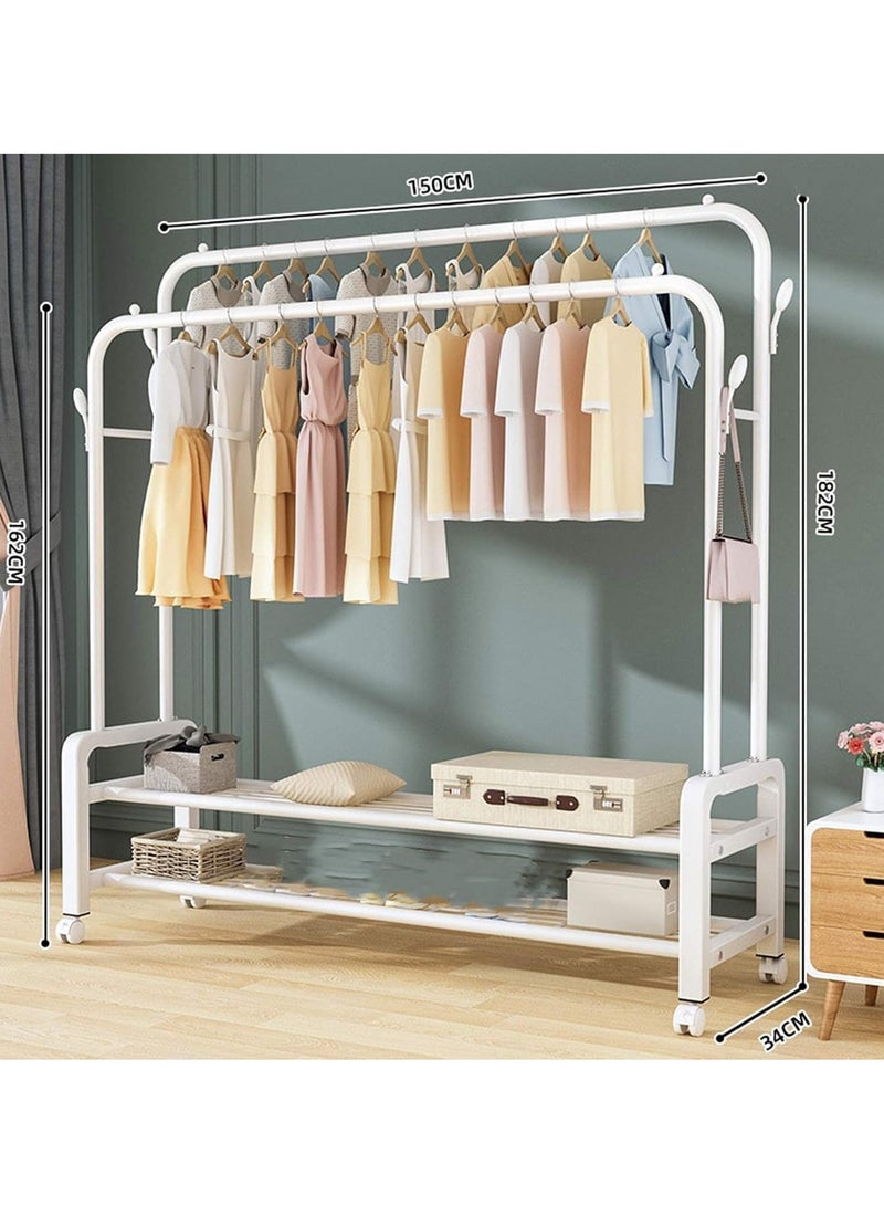 LIVVY Heavy Duty Rolling Garment Rack – Double Rail Clothes Organizer with Storage Shelves, Lockable Wheels & Strong Metal Frame – Portable Closet for Home or Office (White)  - Image 2