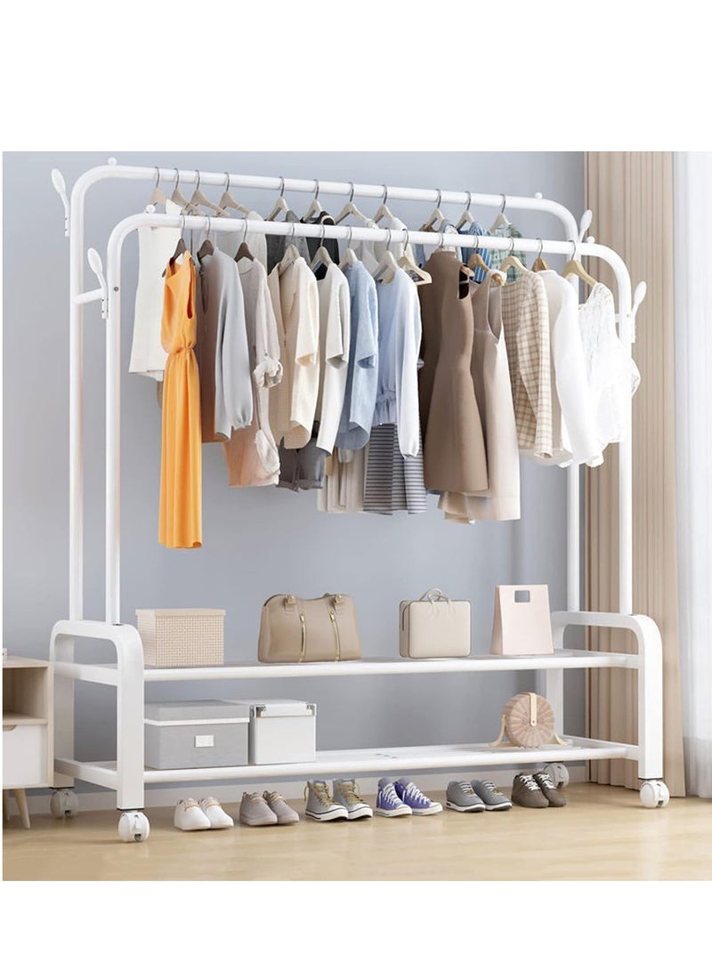 LIVVY Heavy Duty Rolling Garment Rack – Double Rail Clothes Organizer with Storage Shelves, Lockable Wheels & Strong Metal Frame – Portable Closet for Home or Office (White)  - Image 5