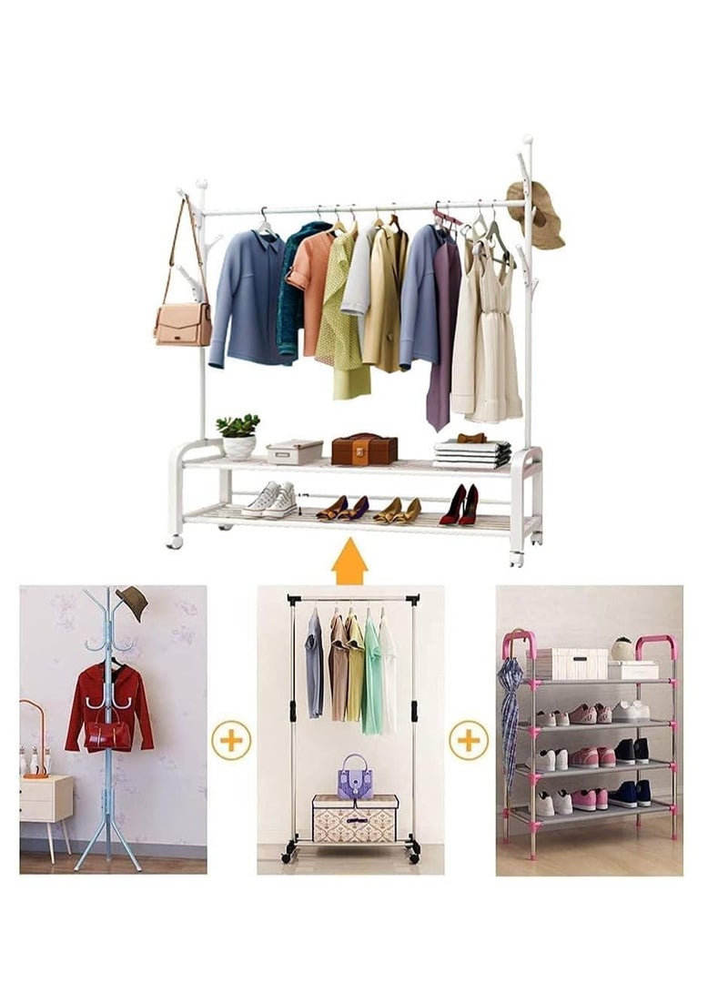 LIVVY Heavy Duty Rolling Garment Rack – Double Rail Clothes Organizer with Storage Shelves, Lockable Wheels & Strong Metal Frame – Portable Closet for Home or Office (White)  - Image 4