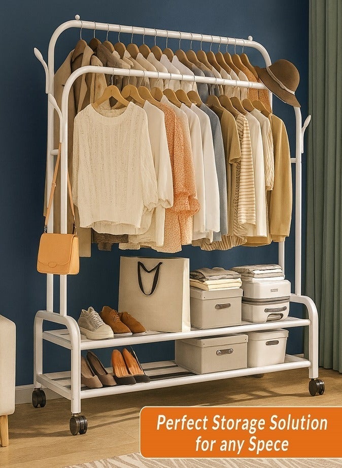 ليفي رف ملابس متحرك عالي التحمل - منظم ملابس مزدوج القضبان مع أرفف تخزين وعجلات قابلة للقفل وإطار معدني قوي - خزانة محمولة للمنزل أو المكتب (أبيض) - Image 3