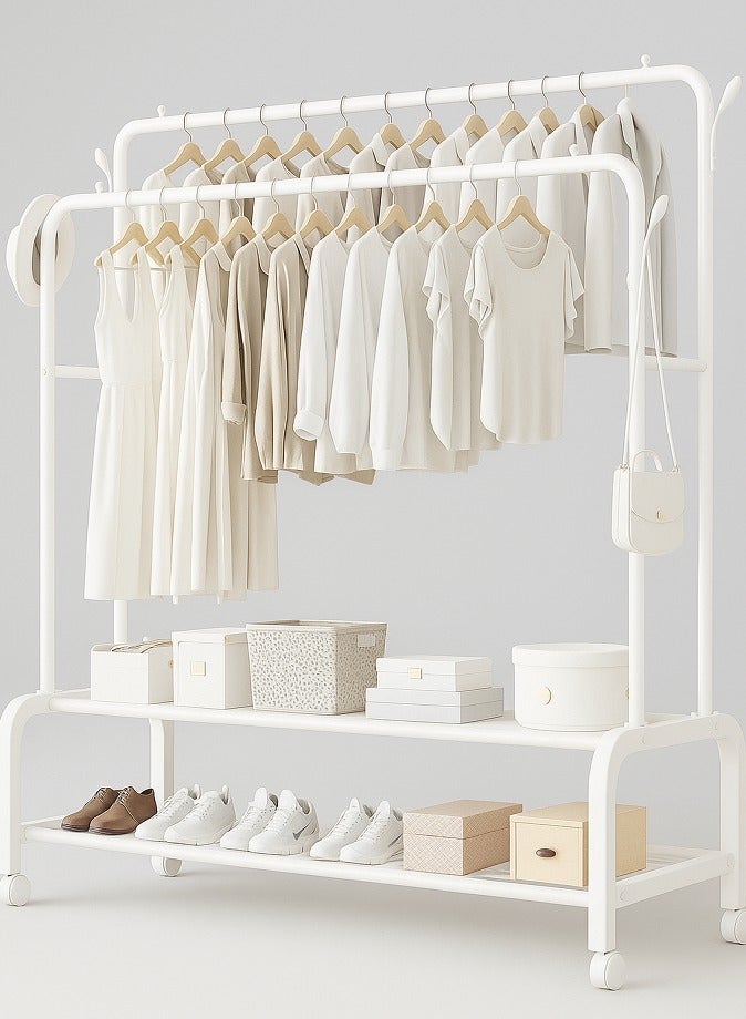 Heavy Duty Rolling Garment Rack – Double Rail Clothes Organizer with Storage Shelves, Lockable Wheels & Strong Metal Frame – Portable Closet for Home or Office (White)