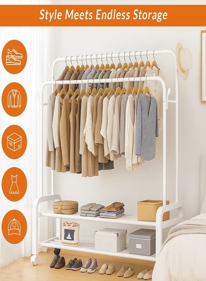 ليفي رف ملابس متحرك عالي التحمل - منظم ملابس مزدوج القضبان مع أرفف تخزين وعجلات قابلة للقفل وإطار معدني قوي - خزانة محمولة للمنزل أو المكتب (أبيض) - Image 4