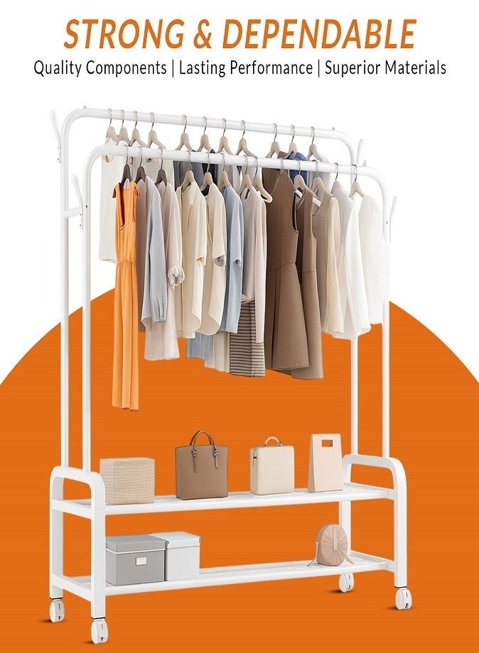 ليفي رف ملابس متحرك عالي التحمل - منظم ملابس مزدوج القضبان مع أرفف تخزين وعجلات قابلة للقفل وإطار معدني قوي - خزانة محمولة للمنزل أو المكتب (أبيض) - Image 5