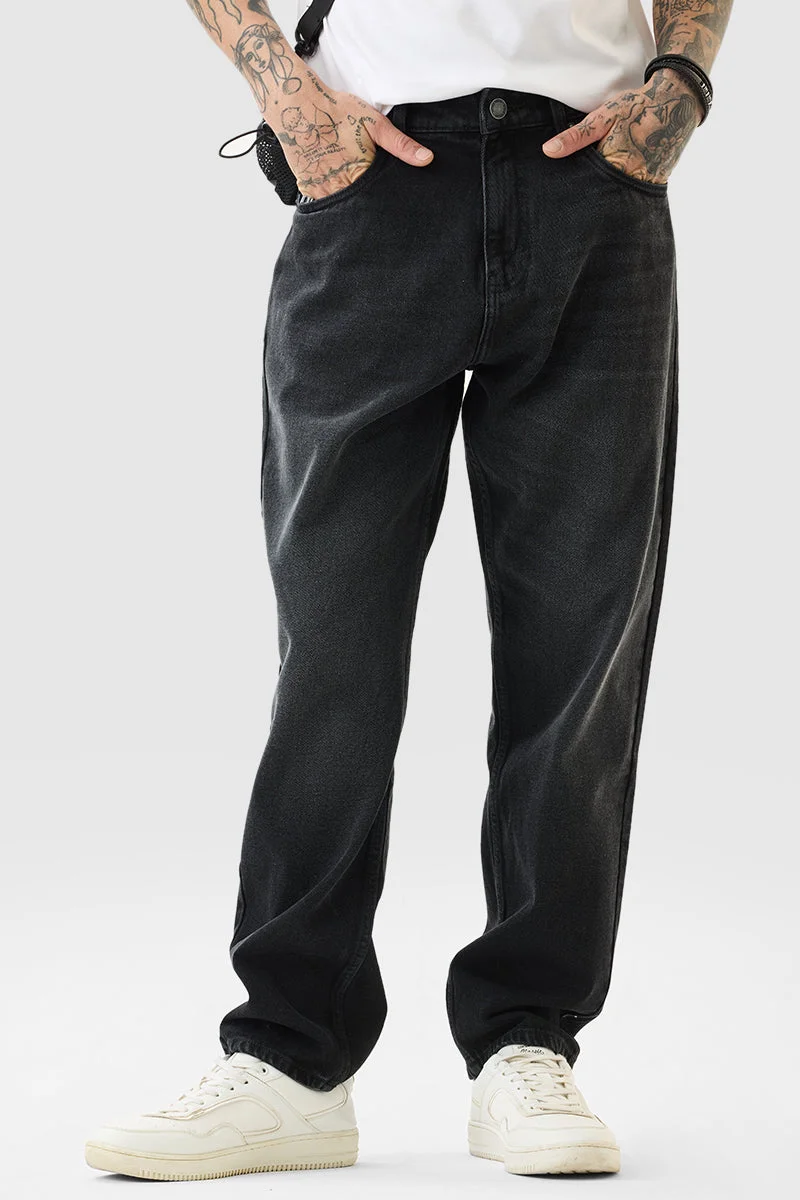 سنيتش Charcoal Grey Solid Loose Fit Streetwear Jeans