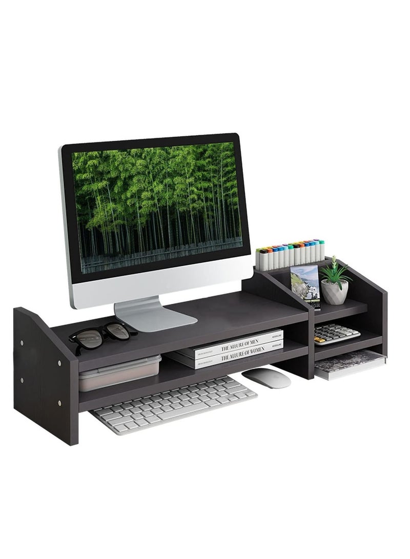 Monitor Stand, 2 Tier Wooden Monitor Stand with Storage Cabinet, Multi-Purpose Desktop Organiser for Computer, Laptop, Printer - Image 1
