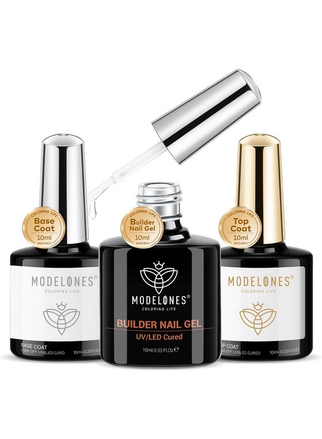 modelones 3 Pcs Builder Nail Gel with No Wipe Gel Base and Top Coat - Shine Finish and Long Lasting, Clear Builder Nail Kit for Nail Thickening Apex Building, LED Nail Lamp Cured Hard Gel - Image 1