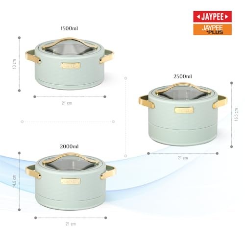 JAYPEE Luxura Klass Set Inner Steel Serving Painted Casserole Set Of 3 Toughened Glass Lid Advanced PU Insulated 100% Food Grade Lockable Hot Box Easy To Keep Roti,Pulao & More|1500,2000,2500 Ml,Green - Image 5