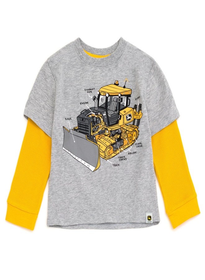 John Deere Construction Toddler Boys 2fer Waffle Knit Long Sleeve T-Shirt Gray/Yellow Bulldozer 4T - Image 1
