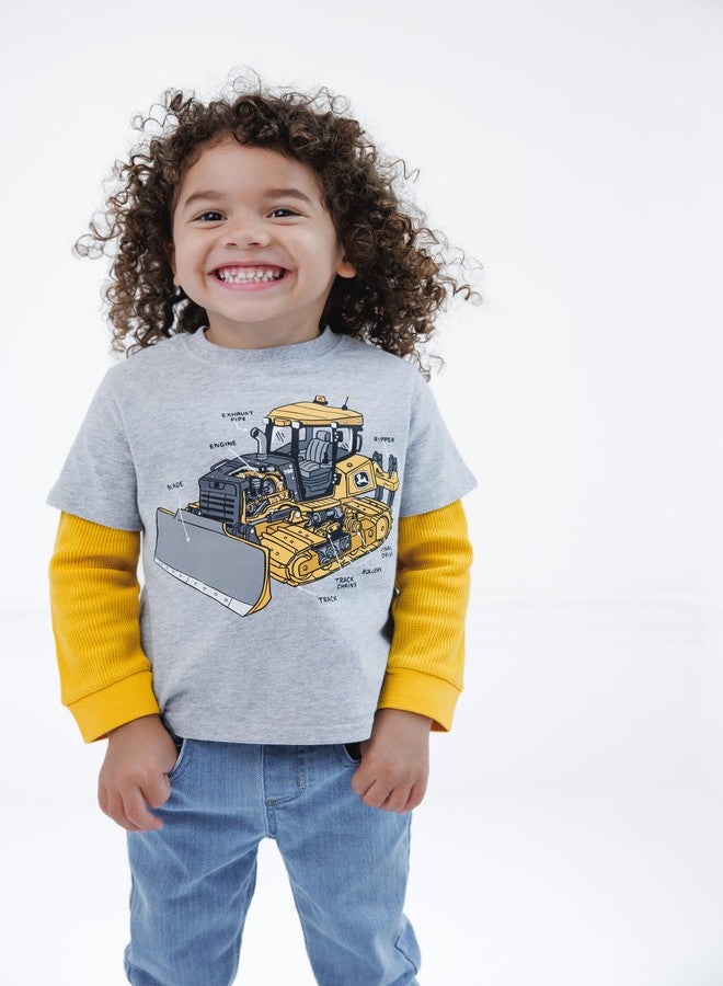 John Deere Construction Toddler Boys 2fer Waffle Knit Long Sleeve T-Shirt Gray/Yellow Bulldozer 4T - Image 2