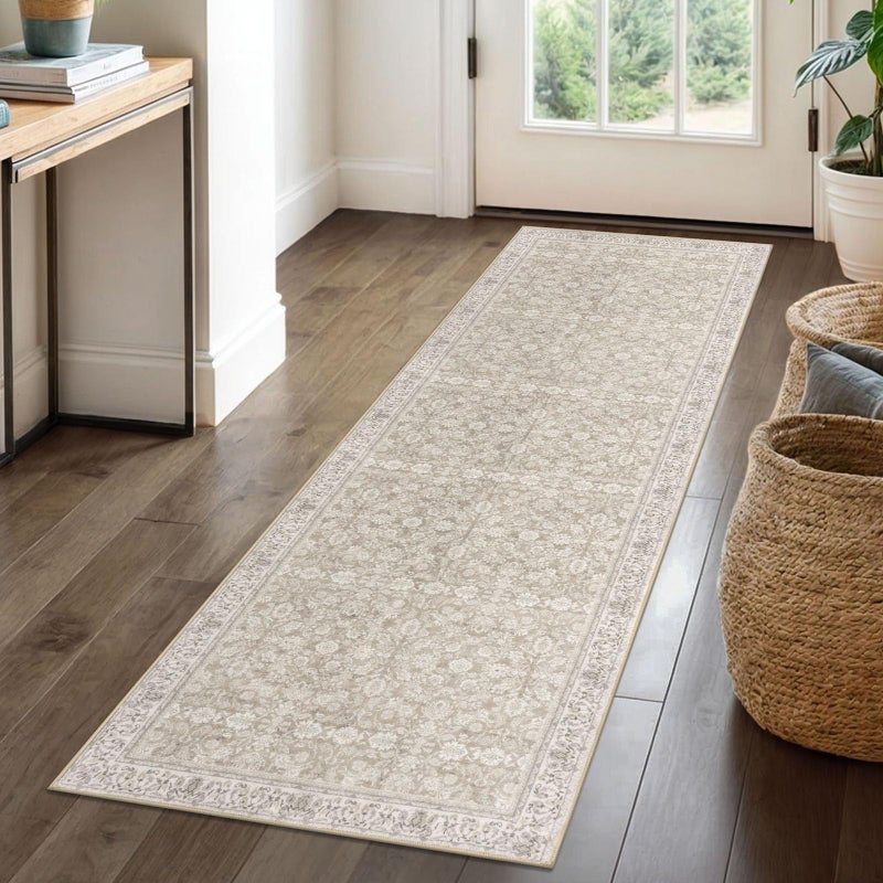 SIILOOM 2x6 Washable Runner Rug for Hallways, Cream Beige Yellow White Grey Soft Neutral Vintage Kitchen Rugs with Non-Slip, Non-Shedding Distressed Floral Rug for Bedroom Porch Laundry Entryway - Image 1