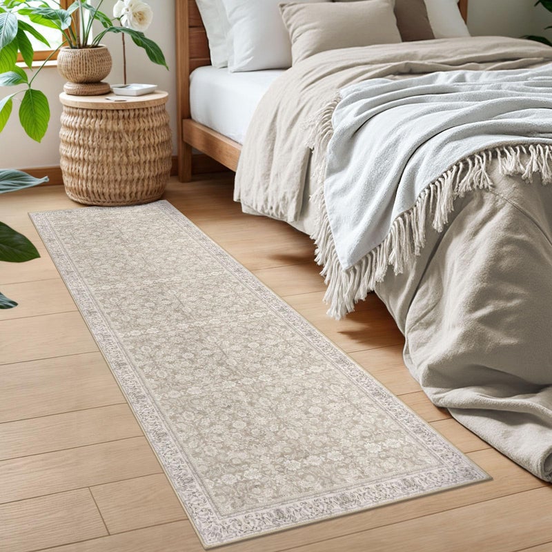 SIILOOM 2x6 Washable Runner Rug for Hallways, Cream Beige Yellow White Grey Soft Neutral Vintage Kitchen Rugs with Non-Slip, Non-Shedding Distressed Floral Rug for Bedroom Porch Laundry Entryway - Image 4