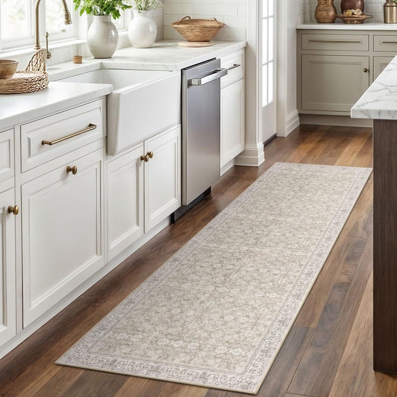 SIILOOM 2x6 Washable Runner Rug for Hallways, Cream Beige Yellow White Grey Soft Neutral Vintage Kitchen Rugs with Non-Slip, Non-Shedding Distressed Floral Rug for Bedroom Porch Laundry Entryway - Image 3