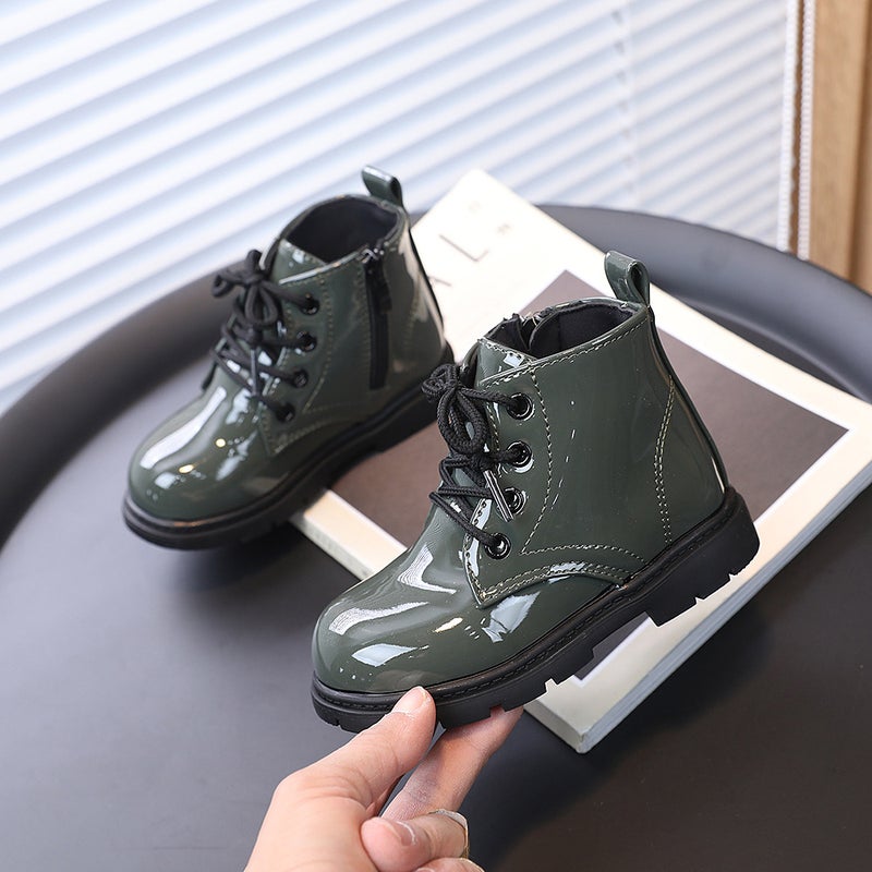 British style martin boots children PU leather 2024 new spring and autumn girls short boots students children boys boots generation hair 6629 dark green