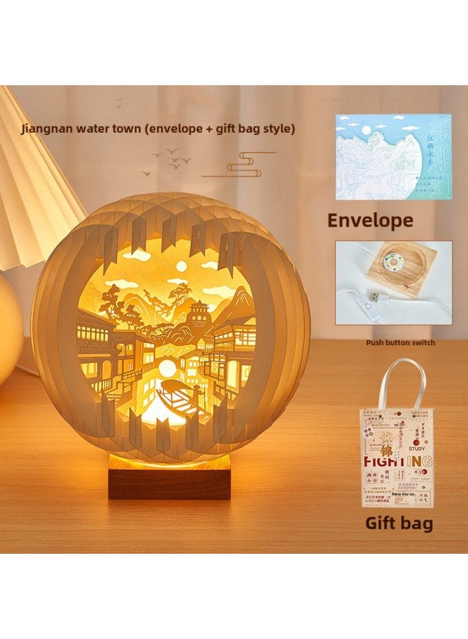 Orange Good Paper Carving Lamp Creative Three-dimensional High-level Birthday Gift Bedroom Romantic Night Light Niche Gift Ornaments-Size:Jiangnan Water Town [gift Bag + Greeting Card] Large Size 18cm  - Image 1