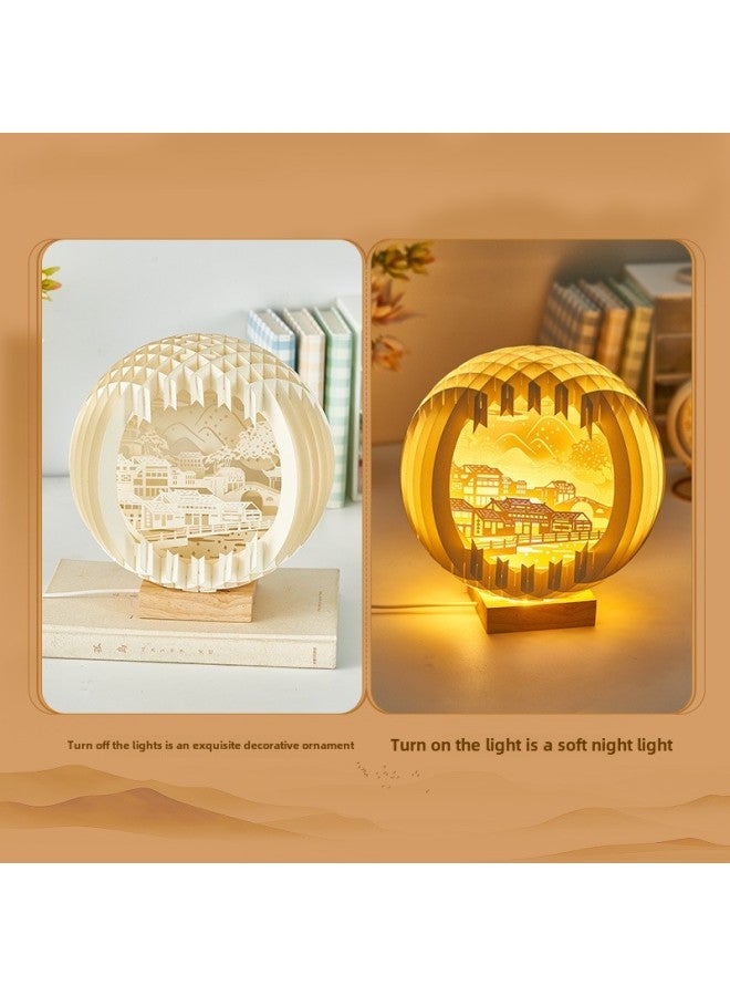 Orange Good Paper Carving Lamp Creative Three-dimensional High-level Birthday Gift Bedroom Romantic Night Light Niche Gift Ornaments-Size:Jiangnan Water Town [gift Bag + Greeting Card] Large Size 18cm  - Image 4