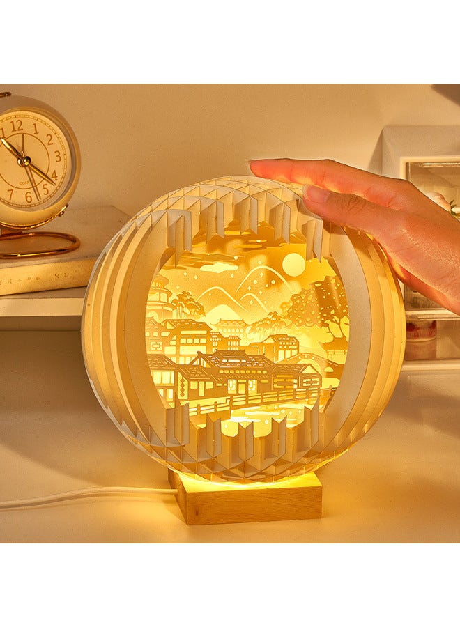 Orange Good Paper Carving Lamp Creative Three-dimensional High-level Birthday Gift Bedroom Romantic Night Light Niche Gift Ornaments-Size:Jiangnan Water Town [gift Bag + Greeting Card] Large Size 18cm  - Image 2
