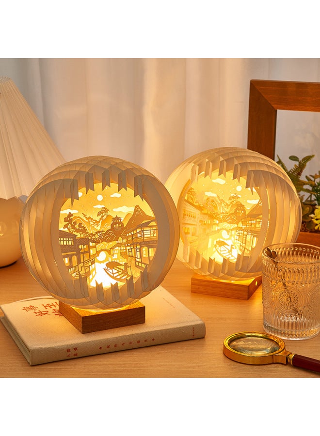 Orange Good Paper Carving Lamp Creative Three-dimensional High-level Birthday Gift Bedroom Romantic Night Light Niche Gift Ornaments-Size:Jiangnan Water Town [gift Bag + Greeting Card] Large Size 18cm  - Image 5