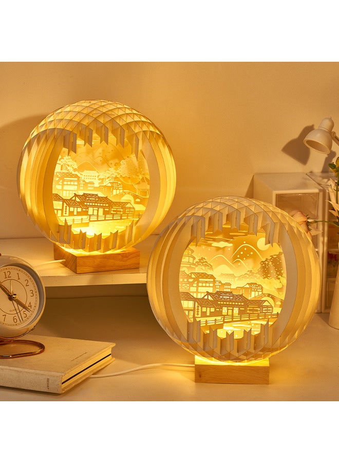 Orange Good Paper Carving Lamp Creative Three-dimensional High-level Birthday Gift Bedroom Romantic Night Light Niche Gift Ornaments-Size:Jiangnan Water Town [gift Bag + Greeting Card] Large Size 18cm  - Image 3