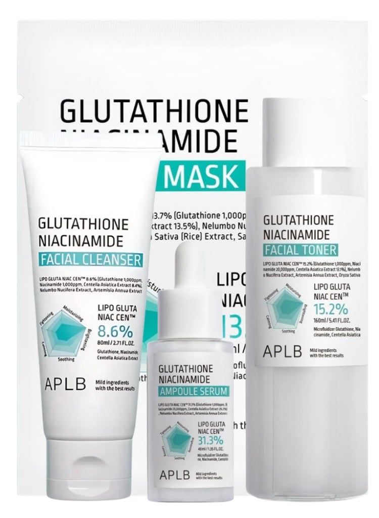 ايه بي ال بي علاج البقع الداكنة وتفاوت اللون – مجموعة APLB بالجلوتاثيون والنياسيناميد للتفتيح | غسول، تونر، سيروم وماسك ورقي - Image 1