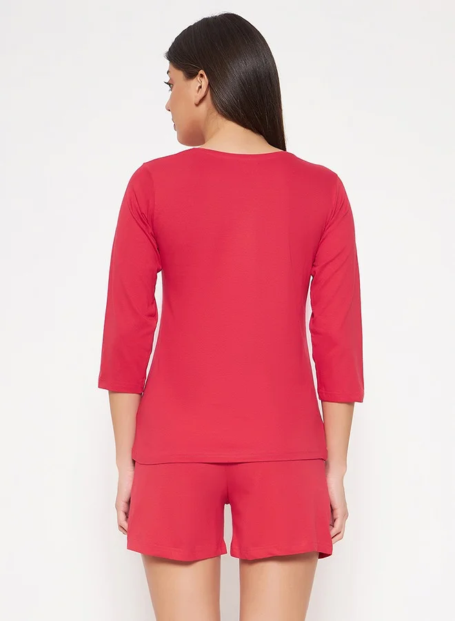 Clovia Clovia Print Me Pretty Top & Chic Basic Shorts Set in Red - 100% Cotton