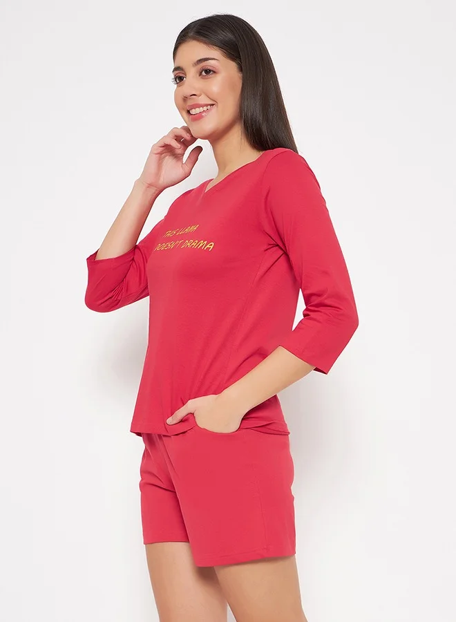 Clovia Clovia Print Me Pretty Top & Chic Basic Shorts Set in Red - 100% Cotton