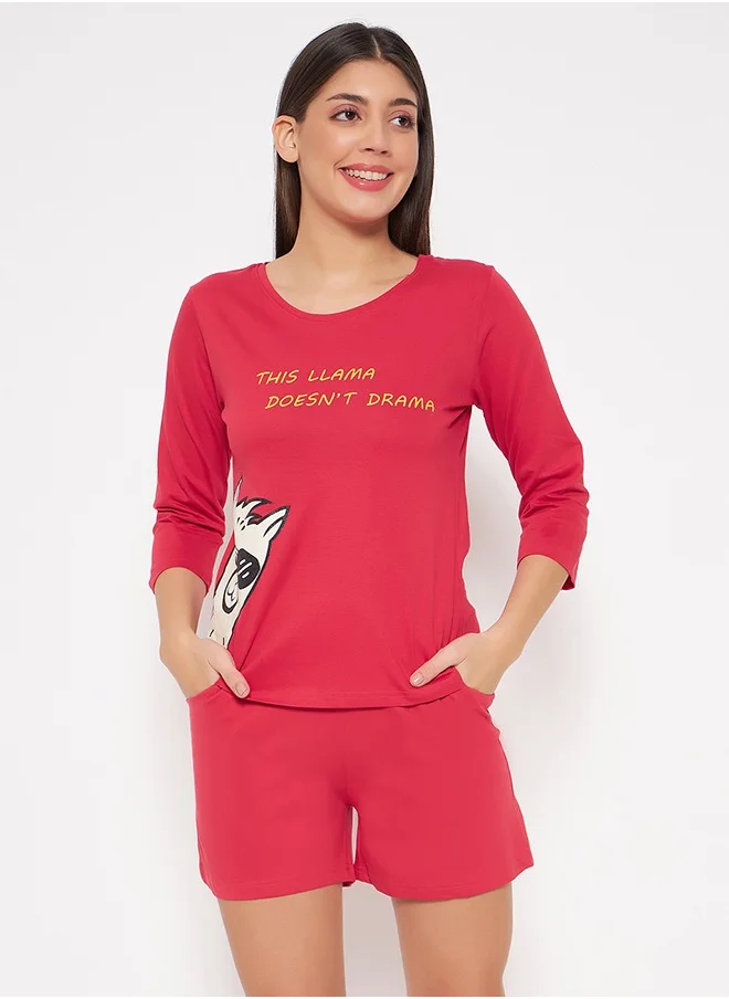 Clovia Clovia Print Me Pretty Top & Chic Basic Shorts Set in Red - 100% Cotton