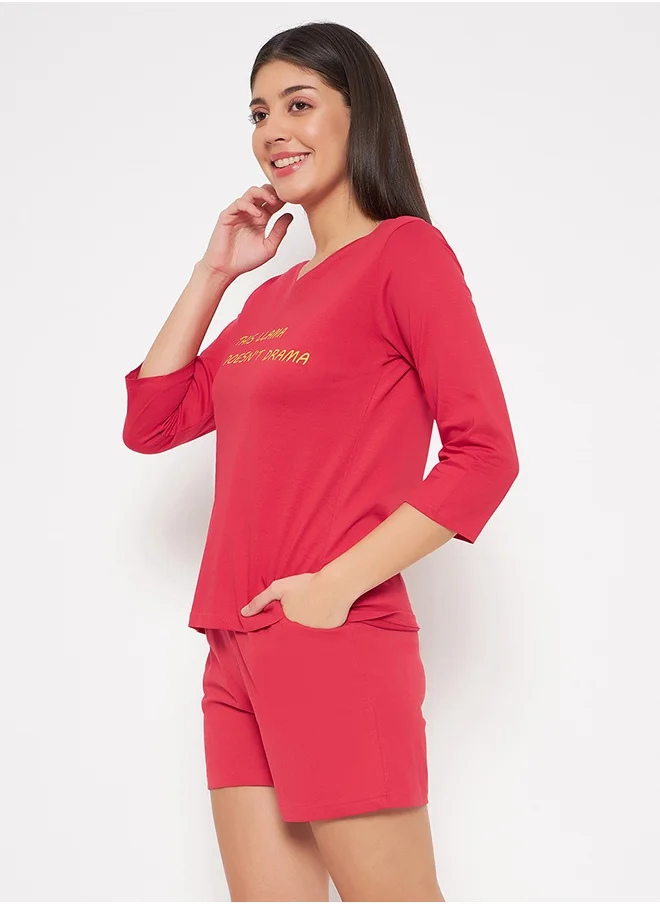 Clovia Clovia Print Me Pretty Top & Chic Basic Shorts Set in Red - 100% Cotton