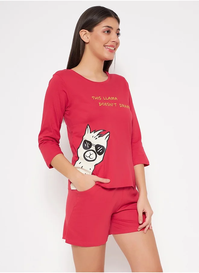 Clovia Clovia Print Me Pretty Top & Chic Basic Shorts Set in Red - 100% Cotton