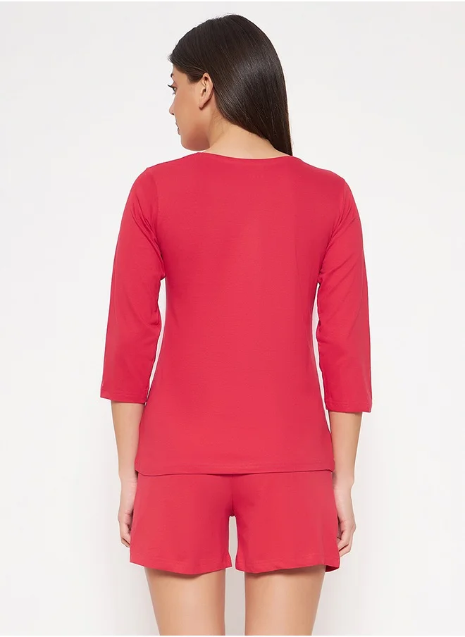 Clovia Clovia Print Me Pretty Top & Chic Basic Shorts Set in Red - 100% Cotton