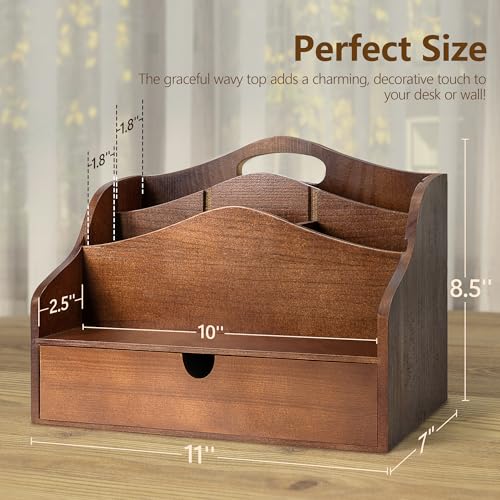 Rebee Vision Pine Wood Mail Organizer for Desk - Rustic Mail Sorter with Drawer & Dividers - 4-Slot Mail Sorter for Letters, Files & Small Essentials - Wooden Desk Organizer for Farmhouse Home Decor (Brown) - Image 2