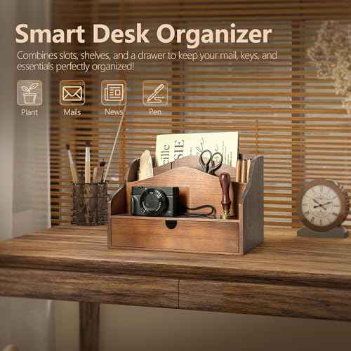 Rebee Vision Pine Wood Mail Organizer for Desk - Rustic Mail Sorter with Drawer & Dividers - 4-Slot Mail Sorter for Letters, Files & Small Essentials - Wooden Desk Organizer for Farmhouse Home Decor (Brown) - Image 3