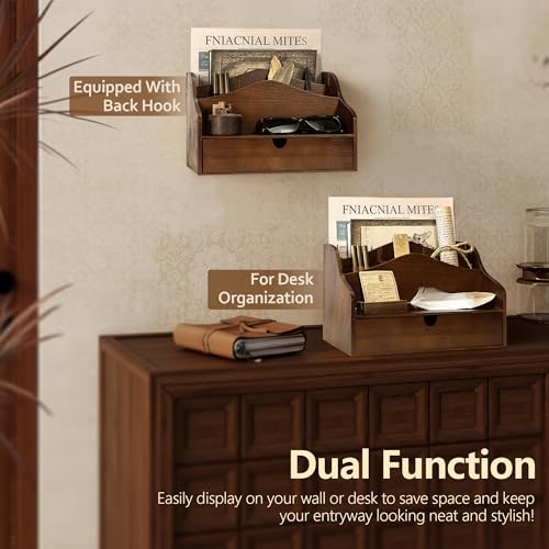 Rebee Vision Pine Wood Mail Organizer for Desk - Rustic Mail Sorter with Drawer & Dividers - 4-Slot Mail Sorter for Letters, Files & Small Essentials - Wooden Desk Organizer for Farmhouse Home Decor (Brown) - Image 4
