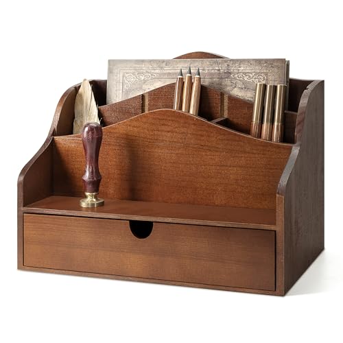 Rebee Vision Pine Wood Mail Organizer for Desk - Rustic Mail Sorter with Drawer & Dividers - 4-Slot Mail Sorter for Letters, Files & Small Essentials - Wooden Desk Organizer for Farmhouse Home Decor (Brown) - Image 1