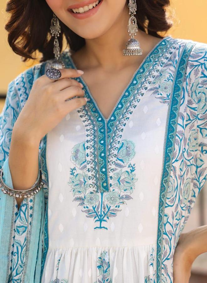 ISHIN Women's White Cotton Printed Tunic Upper Calf Length Palazzo Bottom Straight Fit 3 Peice Kurta Set - Image 5